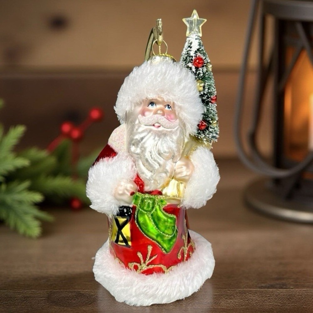 VTG Hand Blown Glass Santa Claus Christmas Ornament Victorian Fur Coat Tree 6"